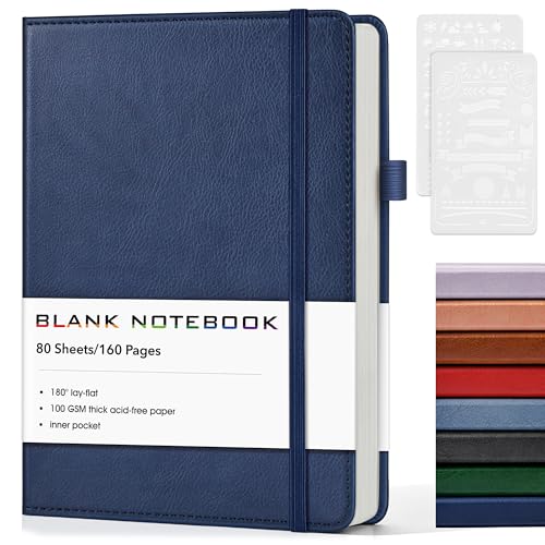Journal Notebook, A5 Leather Hardcover Blank Sketchbook, 160 Pages, 180° Lay-Flat Binding, 100 GSM Thick Paper, for Sketching, Drawing, Art Journaling & Creative Writing (Navy) - color: Navy, size: Plain