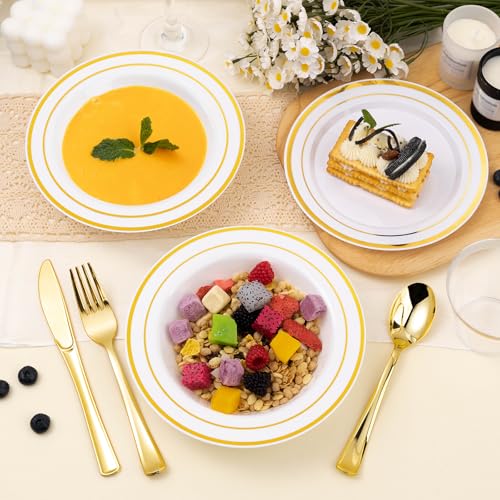 BESTSTAR 100 Pack Disposable Soup Bowls with Gold Rim - color: Gold, size: 100 pack