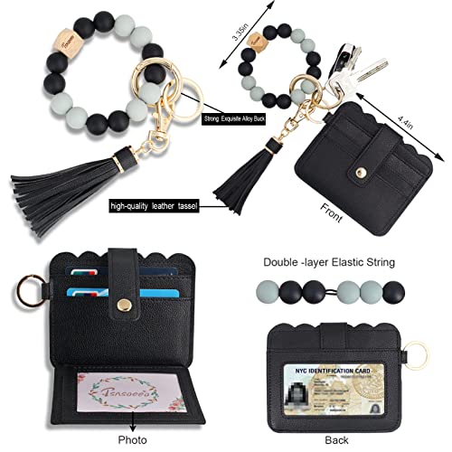 Keychain Wallet Wristlet Small Credit Card Holder Bracelet Key Chain Purse Bangle Tassel Beads Key Rings for Women - color: 03-rfid Black