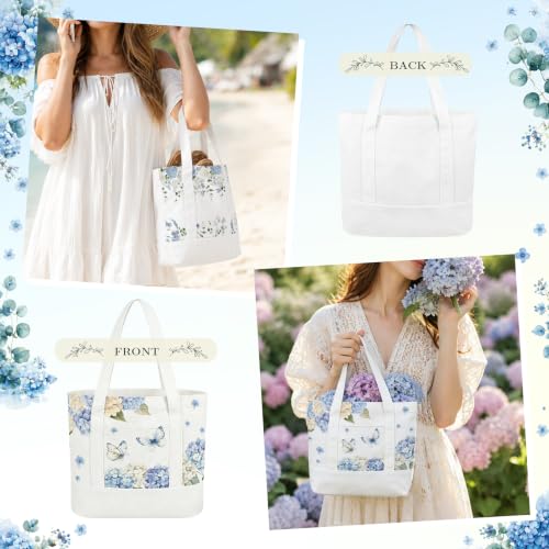 6 Pcs Mini Floral Bow Tote Bags for Women White Canvas Tote Bag Bulk Reusable Coquette Bags for Wedding Party Favor - color: Blue Hydrangea