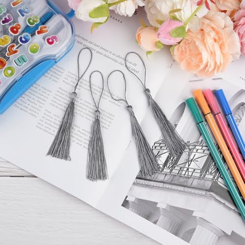 100 Pcs Bookmark Tassels Bulk Silver Gray Soft Craft Silky Handmade Mini Tassels for Jewelry Making with Loops for DIY Craft Accessory Dress Decoration - color: Silver Gray