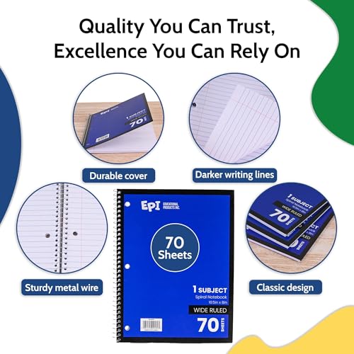 EPI Spiral Notebook | Wide - 70 Sheets, Durable Spiral Binding | 10.5 x 8 in | Classroom Supplies | School, Office, Note Taking, Journaling - 3 Pack - color: Blue, size: 3