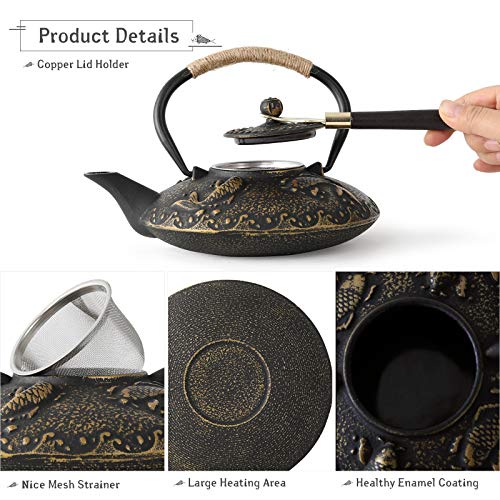 Ufine Koi Fish Cast Iron Teapot Set Stove Top 26 oz Tea Kettle with 4 Cups - color: Koi Fish