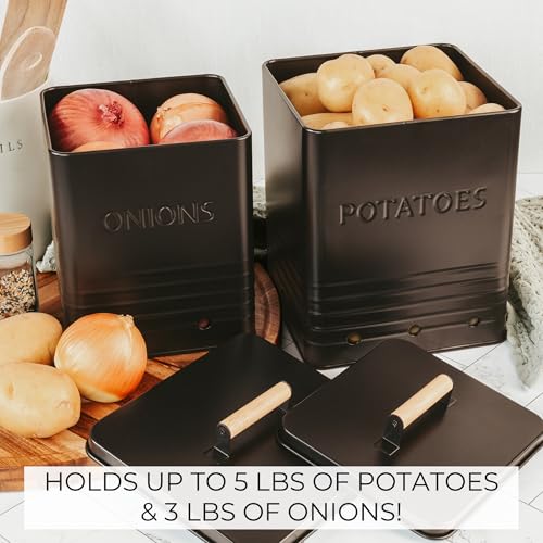 Beautiful Potato and Onion Storage Container Set - Food Safe Metal Bins - color: Black