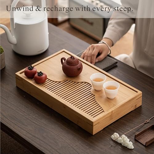 Bamboo Tea Tray & Table Set - Chinese Gongfu Tea Serving Tray with Tea Brush, Compact & Portable (11.8 Inch) - color: primary colours