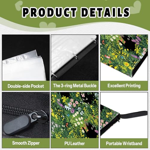 Card Binder for Girls, Cat Trading Card Binder 4 Pocket, Collectible Trading Card Holder for 400 Cards, PU Leather Binders Game Cards Collection Sports Cards Collector Albums with Zipper - color: Black Cat-Flowers, size: 400 Pockets