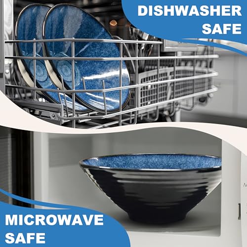 8-Inch 4 Sets Ceramic Ramen Bowl (16 Piece) - Japanese Porcelain Dishwasher Microwave Safe Salad Noodles Cereal Pasta Soup Large Bowls with Chopsticks Forks Spoons for Men Women Housewarming Gift - color: A:Ocean Blue, size: 8 INCH 4 Set