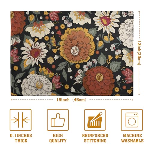 Black Boho Floral Placemats Set of 4 Spring Summer Vintage Flowers Botanical Decorative Table Mats Mid Century Modern Linen Place Mats for Party Kitchen Dining Outdoor Indoor Decor - color: Black Boho Floral