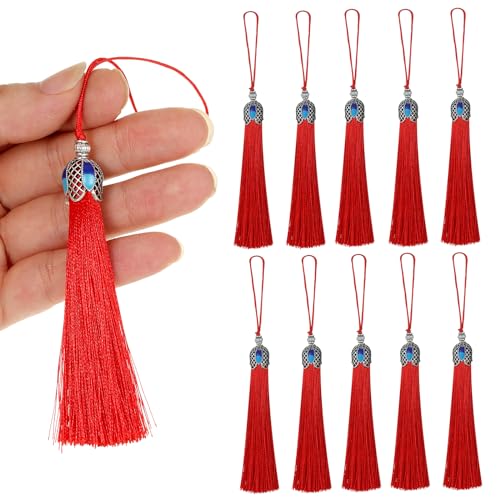 20pcs 16cm/6.3inches Vintage Silver Color Bookmark Tassels Silky Handmade Soft Craft Tassels with Loops for Bookmarks, Crafts and Jewelry Making (Red) - color: Red