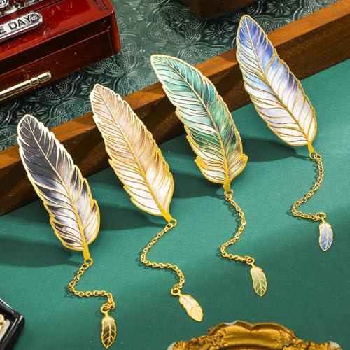 4 Pieces Metal Feather Bookmarks with Chain, Birthday Gifts Book Mark Bookmarks for Book Lovers Writers Readers Children Teens Men Women Adults Teacher - style: 4Pcs Feather