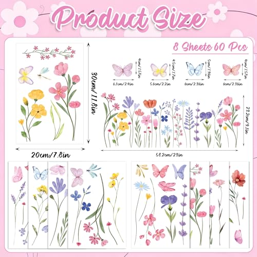 Flower Wall Decals, 8 Sheets 60 Pcs - color: Flower Butterfly