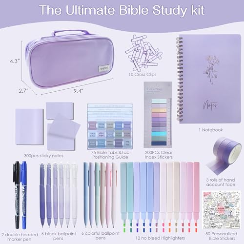 J6&H6 170Pcs Complete Bible Study Supplies Journaling Kit with Tabs, Highlighters and Color Pens, Notebook,Stickers & More Bible Accessories Set for Women, Beginner Christian Gifts(Purple) - color: Purple