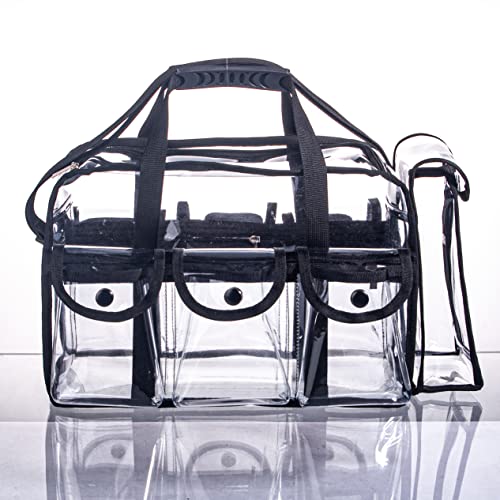 Wide Open Large Professional Clear PVC Travel Makeup Artist Set Bag Cosmetic Nails Beauty Bags Transparent Vinyl Tool Organizer Beach Bags Diaper Bag with 6 External Pockets & Strap (Black) - color: Black