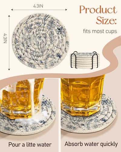 Absorbent Cup Coasters Set of 6 with Holder, Blue Flower - color: Blue Flower