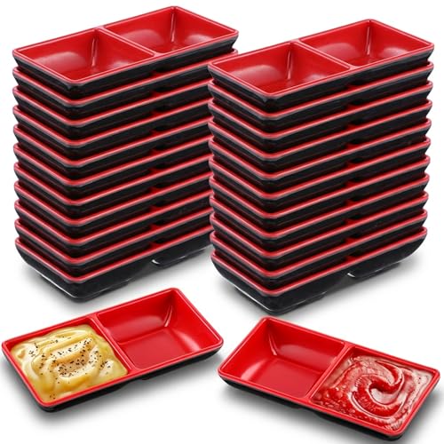 24 Pcs Dual Compartment Sauce Bowls & Soy Dish Set with Dipping Dish Tray, Divided Dipping Sauce-Plates for Sushi, Appetizers (Black/Red, Melamine Resin)