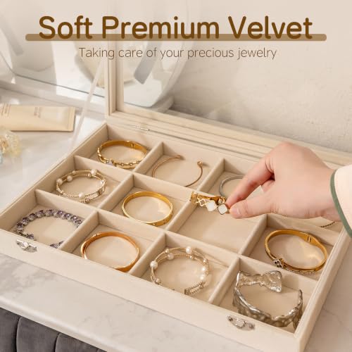Frebeauty 12 Grid Bracelet Holder Box,Velvet Jewelry Tray with Clear Lid - color: Beige, size: 12 Grid