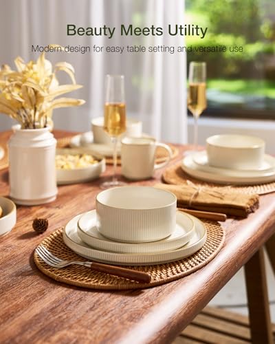Famiware Star Stoneware Dinnerware Sets for 8, Rimmed Plates and Bowls Set - color: White