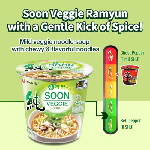Nongshim Soon Veggie Ramyun Noodles, Signature Korean Instant Ramyun, Vegetable Flavored Broth, Vegan Noodles, Quick & Easy, Microwaveable Cup, 2.64 oz (Pack of 6) - size: 2.64 Ounce (Pack of 6)