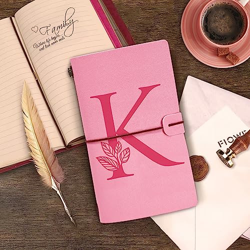 Personalized Journal Gift-Pink Initial Leather Journal+Heart Diamond Pen Set,Travel Notebook Diary Gifts,Refillable Notepads,Christmas,Birthday Gifts for Women Girls (7.9"x4.7") (K) - style: K