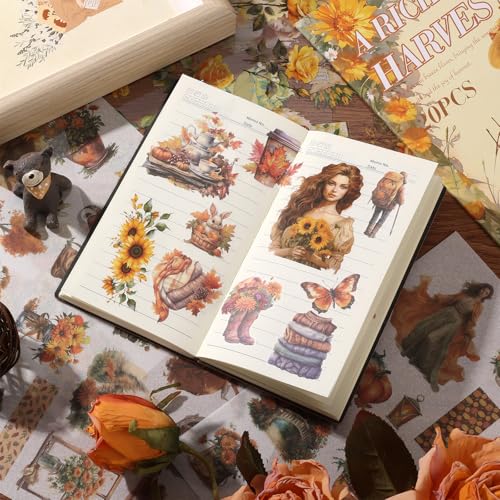 Scrapbook Stickers 20 Sheets 240 Pre-Cut Washi Stickers for Journaling PET Transparent Book Sticker Sunflower Sticker Decorative or DIY Paper Crafts, Arts and Crafting Projects - color: A Rich Harvest