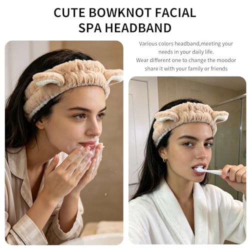 PERFECTSIGHT Kawaii Headband for Spa, Makeup, Washing Face, Party - 2 Pack Cute Hair Band for Shower Beauty Skincare, Soft Facial Headbands for Girls and Women (Blue+Coffee Ear) - color: Blue+Coffee Ear