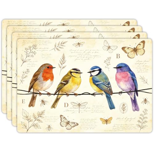 Peacoblue Placemats Set of 4,Faux Leather Vintage Bird Design - style: Vintage Bird