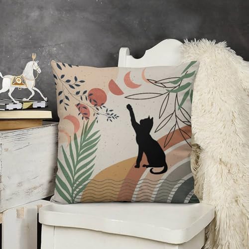 Mid Century Moon Cat Pillow Covers Retro Black Cat Leaves Sun Moon Boho Abstract Geometric Arch Home Decor Sofa Bedroom Cushion Outdoor Indoor Decorations 16 "x16 - color: Cat-6, size: 16" x 16" (Pack of 2)