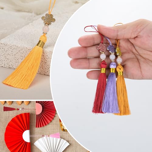 Beautyflier 24PCS Chinese Knot Tassel Pendant for Phone Case, Mini Mala Tassels with Hanging Loop, Jade Beads and Charms for Home Office Decor, Car Hanging Decoration, Graduation (8 Colors #1) - color: 8 Colors #1