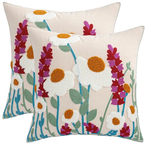 LUOYEHK Embroidered Throw Pillow Covers 18x18 Inch Set of 2 Spring Flower Decorative Pillow Cover Summer Boho Cushion Pillowcase for Couch Sofa Bed Living Room, Daisy Lavender - color: Daisy Lavender