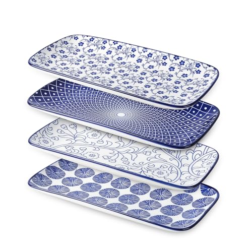 Selamica Ceramic Serving Platters, 14 Inch Serving Trays for Party Entertaining, Large Rectangular Serving Plates for Appetizer, Charcuterie, Dessert, Fruit, Set of 4, Vintage Blue - color: Vintage Blue, size: 14 Inch,Set of 4