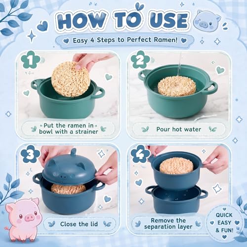 2 Sets 45oz Cute Pig Ramen Bowl Set Microwavable, Dark Blue Green - color: Dark Blue,Dark Green