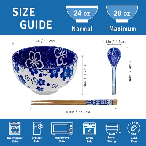 28Oz Ceramic Ramen Noodle Pho Bowl Set with Chopstick Spoon Gift Box - size: 6in Floral Pattern