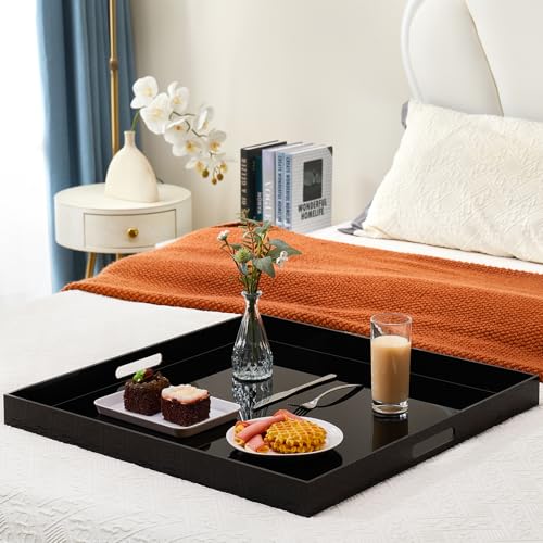 18×18 inches Oversized Black Acrylic Ottoman Tray Extra Large Decorative Tray Spill-Proof Serving Trays with Handles King-Size Safe Edge Organizer for Coffee Table Countertop Breakfast - color: Glossy Black, size: 18" x 18" x 2"
