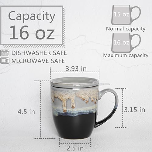 Bosmarlin Ceramic Tea Cup with Infuser and Lid, 16 Oz, 4 Color to Choose Dishwasher and Microwave Safe, Steeping Tea Mug with Strainer (Grey) - color: Gray