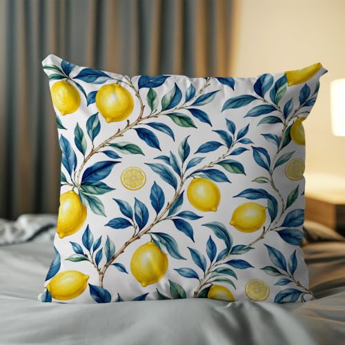 Lemon Branch Pillow Cover Blue Leaf Botanical Citrus Coastal Decor 18x18 - color: Yellow Lemons