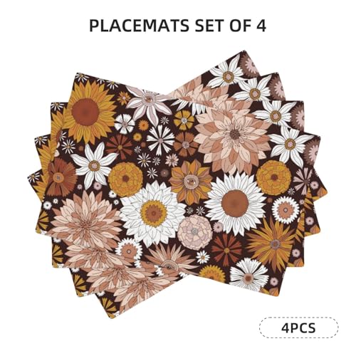 Retro Groovy Flower Power Placemats Set of 4 12x18 Inch - color: Dark Chocolate Brown, size: Set of 4