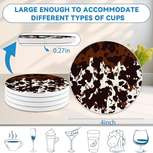 Drinks Coasters Set of 4, Cow Print Round 4" Cup Coasters, Absorbent Ceramic Stone Coasters with Cork Base, Cute Coasters for Table Home Décor, Ideal Gifts for Women Men - color: Cow