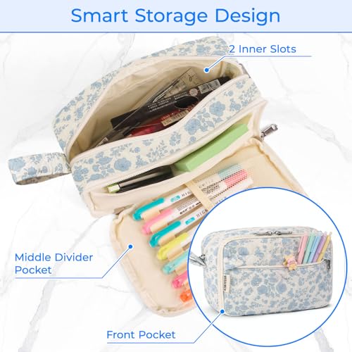 WOBAGMEN 62PCS Aesthetic School Supplies with Quilted Pencil Case, Pastel Highlighters, Gel Pens Mechanical Pencils Set, Cute Back to School Supplies, College Essentials (Blue Floral, M) - color: Blue Floral