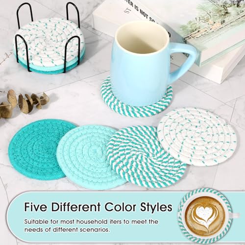 Mckanti 8 Pcs Coasters for Drink with Holder, 4 Colors Absorbent Coasters for Drinks, Minimalist Cotton Woven Coaster Set for Home Decor Tabletop Protection Suitable for Kinds of Cups, 4.3 Inches. - color: Muti-color F