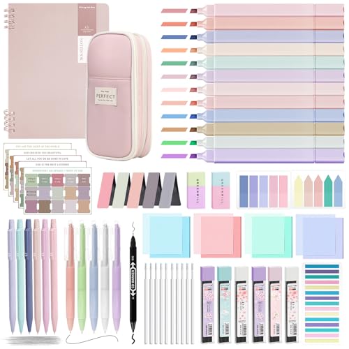 Bible Study Supplies Journaling Kit with Pen Case,12 Pastel Highlighters,5 Black Ink Gel Pens, 6 Mechanical Pencils 0.5 & 0.7mm,Sticky Note Index Tab and So on for bible study - color: Pink