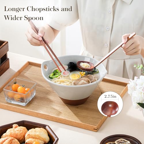 MALACASA 42 oz Ceramic Ramen Bowls with Chopsticks & Spoon, Grey & Khaki - color: Gray and Khaki