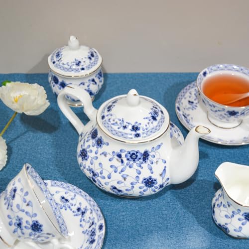 Bone China Tea Set, 21-Pieces Porcelain Tea Set for Adults, Tea Cups And Saucers for 6, with Teapot, Spoons, Sugar Bowl, Creamer Pitcher, Vintage Tea Set for Women Tea Party,Gift Box (Blue) - color: Blue