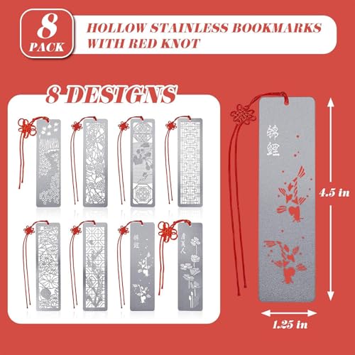 Outus 8 Pcs Metal Bookmarks, Hollow Chinese Style Silver with Red Tassel