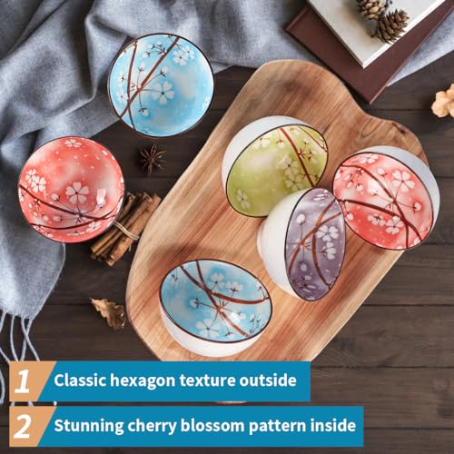 Ceramic Rice Bowls 10 oz, Sakura Bowl Gift Set, Assorted Color Dinnerware Serving Bowls for Rice, Cereal, Noodle, Soup, Desserts, Pack of 6 (Cherry Blossom) - color: Sakura, size: 6 Pack