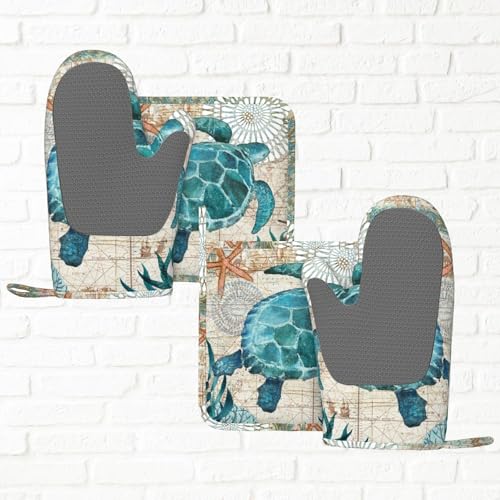 Vintage Nautical Sea Turtle Oven Mitts and Pot Holders Sets, 4pcs Silicone Non-Slip Kitchen Mitts Potholders Heat Resistant BBQ Gloves Hot Pads for Cooking Grilling Baking Microwave Chef Gifts Decor - color: 5