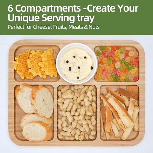 Charcuterie Board with Lid, Bamboo 6‑Compartment Portable Serving Platter - color: 6 Compartments-rectangular