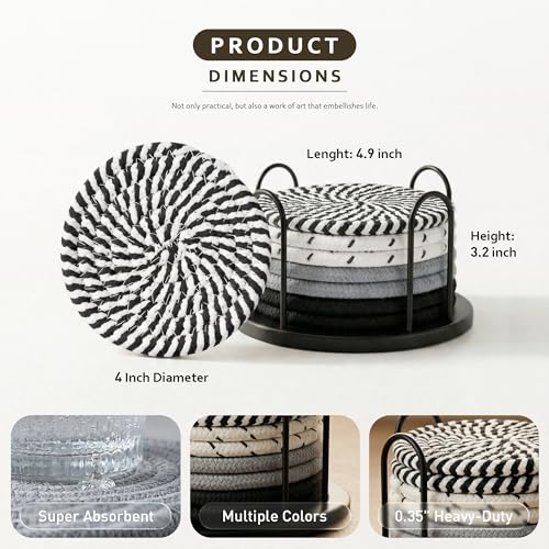 Lazebox Coasters Set of 8 for Drinks, 4 Inch Large Coasters for Coffee Table, Tabletop Protection for Hot & Cold Drinks, Versatile Coasters for Home Decor, Non-Slip & Easy to Clean, Classic Black - color: Classic Black
