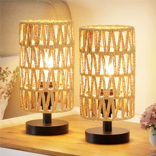 Table Lamps Set of 2 (Rattan Rope Shade - Black Base, 9" Inline Control) - color: Rattan Rope Shade - Black Base set of 2