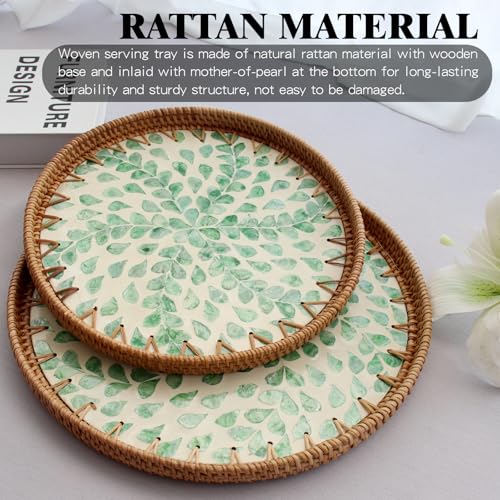 2 Pcs Rattan Mother of Pearl Inlay Serving Tray, Round Wicker Handwoven Coffee Table Boho Decor Tray Basket Tray for Fruit Food Kitchen Home Office Party Wedding (Leaf Spring)