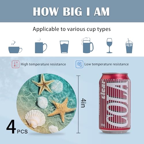 Coasters for Drinks,Starfish and Seashell On Beach Absorbent Coaster Set of 4 with Cork Base,Ceramic Drink Coasters for Cold Drinks Wine Glasses Cups Mugs,Housewarming Gifts for Home Decor - color: Starfish and Seashell on Beach